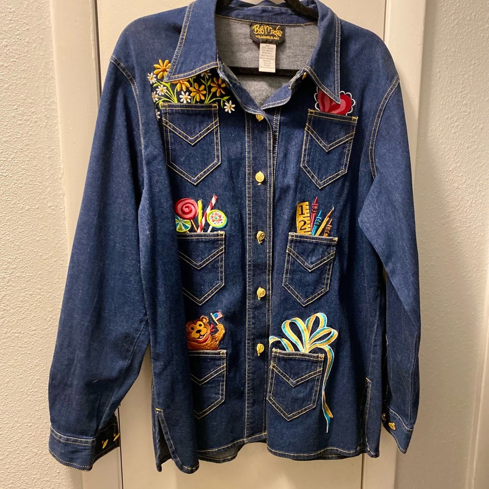 Bob Mackie Dark Blue Denim Embroidered Button-Down Shirt- Whimsical! Sz M